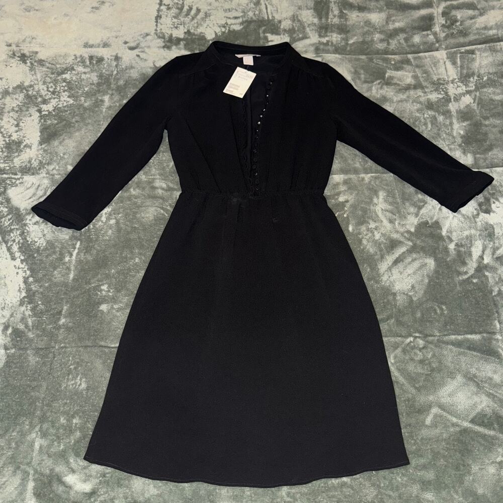 H&M A-Line Mini Dress Women's 2 Black Long Sleeve Button Front V-Neck